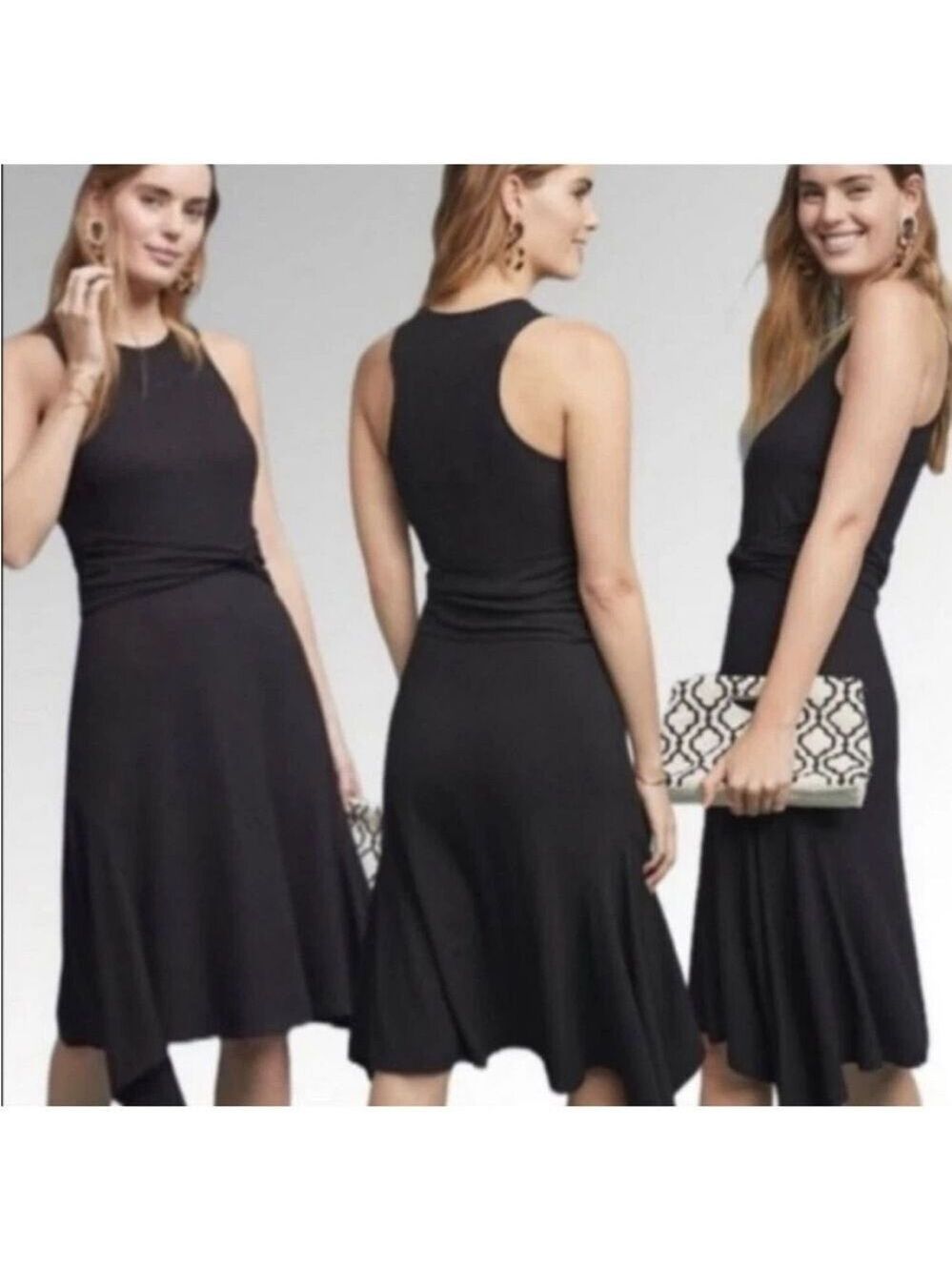 Like New Anthropologie Black Ribbed Racer Back Asymmetrical Midi Dress small